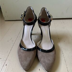 Tan and Black Ankle-Strap Heels with Pointed Toe